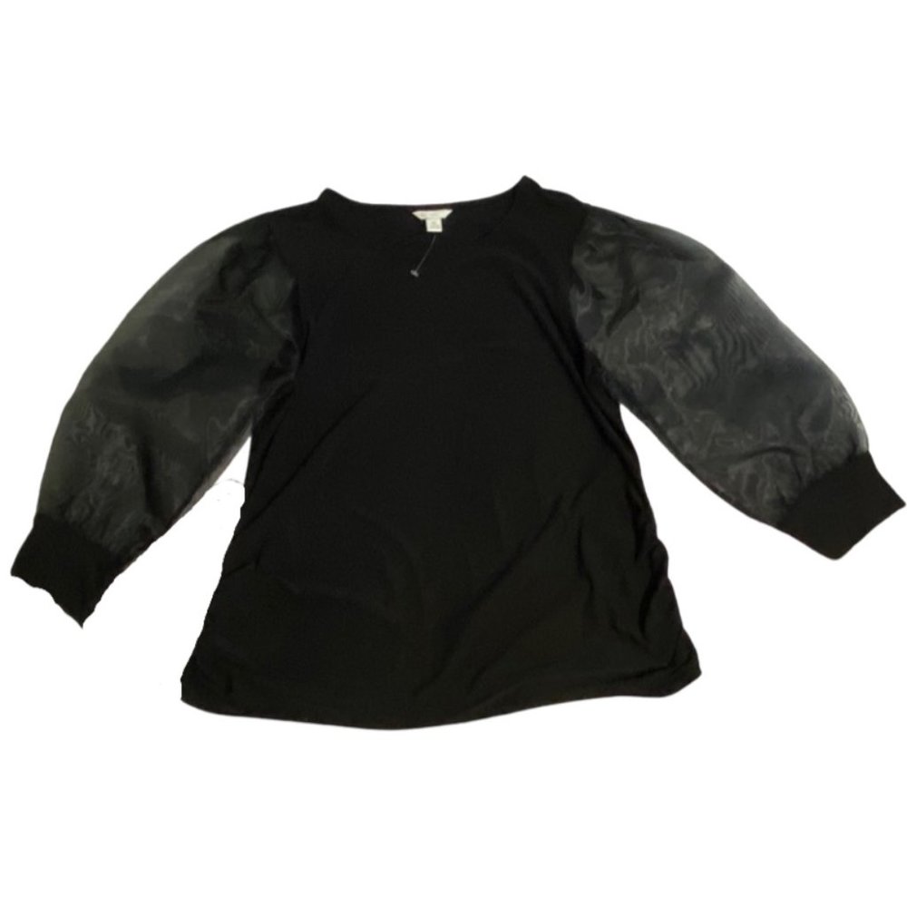 J/M Sportswear Women's Black Blouse With Transparant/Sheer Sleeves Size XSL NWOT